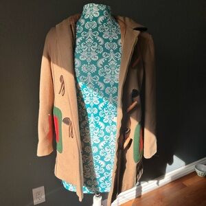 Tan Toggle Coat with Green and Red Accents Peacoat
